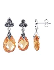 .925 Sterling Silver Faceted Pear Shaped Champagne Cubic Zirconia and Marcasite Accents Post Back Findings 8mm x 21mm Stud Earrings and 10mm x 23mm Pendant Jewelry Set