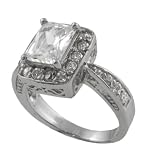 Sterling Silver Rectangular Cut CZ Ring with Filigree Accents