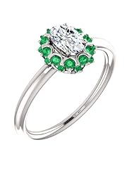 10K White Gold Oval Cut Diamond and Emerald Flower Inspired Ring -- LIFETIME WARRANTY