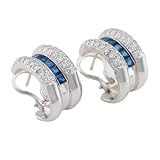 14K White Gold 1 1/4 ct. Machine Set Diamond and 1 1/2 ct. Square Shaped Sapphire Hoop Earrings (F-G Color, VS Clarity)