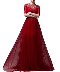 Jeweled Vintage Beaded Lace Elbow Length Sleeves Evening Dress 