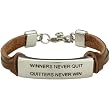 12mm Wide Stainless Steel "Winners Never Quit" Suede Bracelet 8"