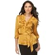AGB Crinkled Charmeuse Belted Ruffle-Trim Blouse