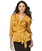 AGB Crinkled Charmeuse Belted Ruffle-Trim Blouse
