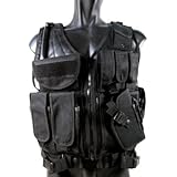 MetalTac Airsoft Cross Draw Tactical Vest with 9 Pockets and Pistol Holster, Large