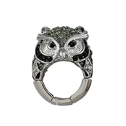 Silvertone Black Crystal Owl Stretch Fashion Ring