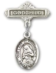 Sterling Silver Baby Badge with Our Lady of Providence Charm and Godchild Badge Pin
