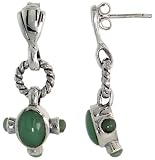 Sterling Silver Oxidized Dangling Earrings, w/ 7 x 5 Oval & Three 2.5mm Round Green Resin, 1 1/8 (29mm) tall