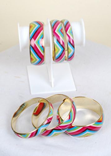 Designer Inspired Set of 3 Printed Enamel Brass Bangle Bracelet 2.5" Diameter (Colorful Chevron)