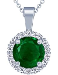 14K White Gold Round Cut Emerald And Round Diamond Pendant