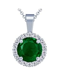 18K White Gold Round Cut Emerald And Round Diamond Pendant