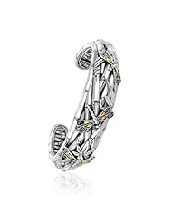 18K Yellow Gold and Sterling Silver Slim Cuff with Bamboo and Dragonfly Design