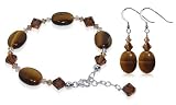 Tiger Eye Gemstone & Swarovski Crystal Sterling Silver Earrings 7 7.5 8 Adjustable Bracelet Set