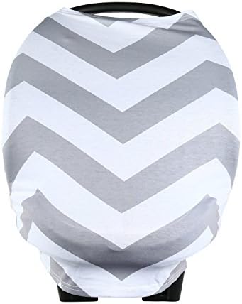 Baby Car Seat Cover and Canopy and Nursing Cover Stretchy Baby Shower Gift (Grey, White Chevron)