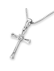 (X1000Diamond) 18K/750 White Gold Cross Shape with Solitaire Diamond Pendant With 925 Sterling Silver Chain (0.04 cttw, G-H Color, VS2-SI1 Clarity)