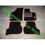 Car Mats in Black with Red trim to fit Seat Leon FR (2005 on) + Logos + Chequer Plate'