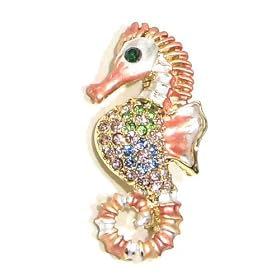 Multi-Color Austrian Rhinestone Color Enameled Sea Horse Gold-Tone Brooch Pin