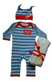 Redeclipse gift set with Toby Tiger funky blue and pale blue sleepsuit and hat 0-6mths with a Redeclipse gift tag and ribbon