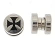 No Piercing Required - Stainless Steel Magnetic Fake Plugs - Cross Logo - Imitation 00G with Rubber Bands - Sold as a Pair