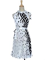 Anna-Kaci S/M Fit Black White Polka Dot Pattern Print Pleated Dress With Sash