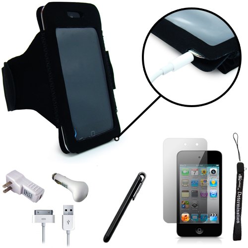 Durable Microfiber Work Out Exercise Sports Armband with 8 Secure Adjustable Sizes for New Apple iPod Touch 4 ( 4th Generation 8GB 16GB 32GB ) + Includes a Anti Glare Screen Protector + Includes a USB Travel Car Charger with LED Power Indicator and Overch