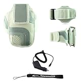 White Adjustable Deluxe Sportband / Workout Armband with Adaptable Neck Str ....
