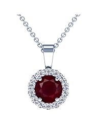 18K White Gold Round Cut Ruby And Round Diamond Pendant