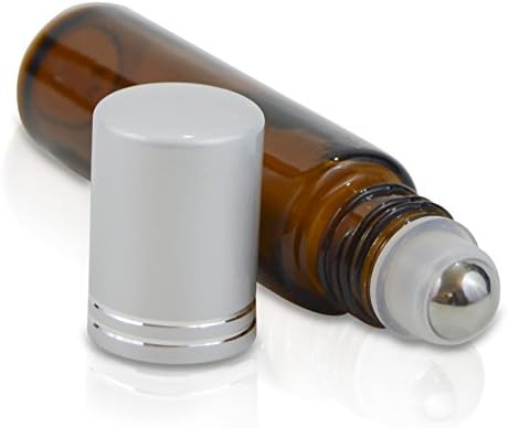 2PM Essentials Roller Bottles 10ml 1/3 oz empty refillable Clear Elegant glass bottle with Metal Ball & Aluminum Cap for mixing essential oils 100% No Hassle Lifetime Guarantee (Amber)