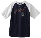 MLB Boys' Detroit Tigers Junior League Short Sleeve Raglan Overdyed Tee (Athletic Navy Heather/White, Small)