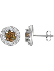 1 CT Champagne & White Diamond Cluster Earrings 14K White Gold