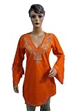 Womens High Fashion Blouse Orange Embroidered Cotton Tunic Top Small Size