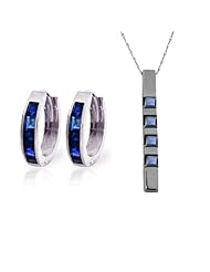 14k White Gold Jewelry Set: Natural Sapphire Pendant Necklace and Huggie Hoop Earrings