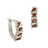 Sterling Silver .925 Genuine Garnet Stone Marquise Cut Genuine Diamond Accent Hoop Earrings