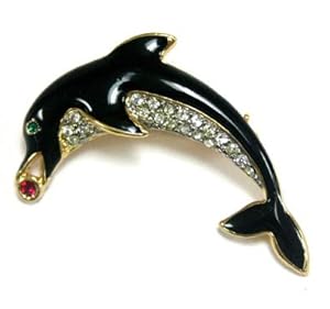 Black Onyx Dolphin Pin with Ruby Ball and Cubic Zirconias - Fashion Brooch