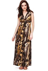 Petite Feather Print Knot Front Maxi Dress