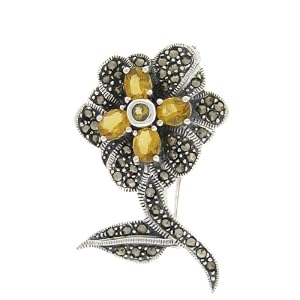 Sterling Silver Marcasite Yellow Flower Brooch by