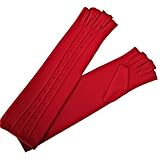 FINGERLESS RED LONG JERSEY KNIT LADIES BEAD TRIM GLOVES