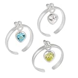 Sterling Silver Cubic Zirconia Heart Drop in Blue, Clear and Green Toe Rings, Set of 3
