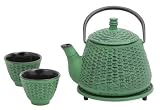 Green Bamboo Basket Cast Iron Tea Set