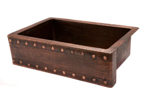 33 in. Copper Hammered Kitchen Apron Single Basin Sink w Barrel Strap Design