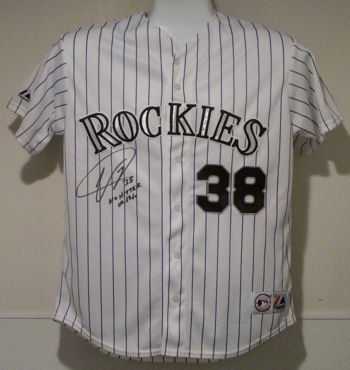 Ubaldo Jimenez Autographed/Hand Signed Colorado Rockies Majestic Jersey w/No Hitter 04/17/10 insc