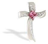 14K White Gold Genuine Square Pink Tourmaline and Diamond Cross Pendant