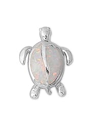 White Lab Opal Sea Turtle Tortoise Pendant and Necklace in Sterling Silver