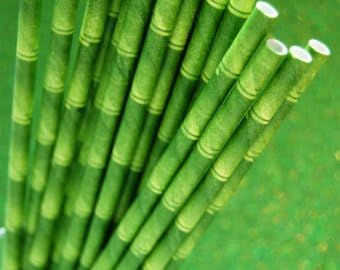 25 Paper Drinking Straws Green Bamboo 7.75" Retro Vintage Style Durable