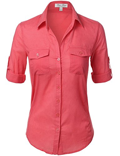 Luna Flower Women's Side Ribbed Panel Stylish Button Down Solid Color Shirts