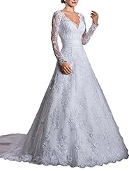 V-neck Lace Long Sleeves Satin  Dress with a Court Train  With a Sash 