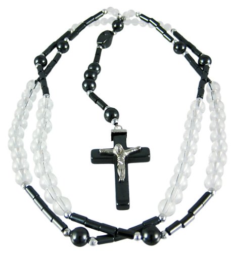 Black Hematite & Quartz Rosary Necklace Crucifix