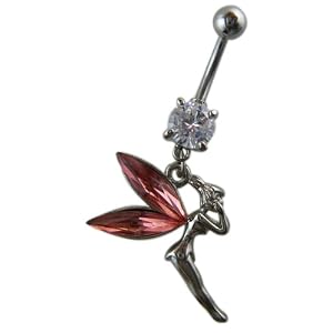 Pink Crystal CZ Dangle Belly Button Navel Ring Bar Silver - Fairy Pixie Dangle Bellty Button