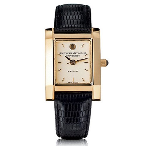 Southern Methodist University Womens Swiss Watch - Gold Quad with Leather Strap