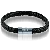 Braided Black Leather Mens Bracelet 8 MM 8 1/2 Inches with Stainless Steel Magnetic Clasp